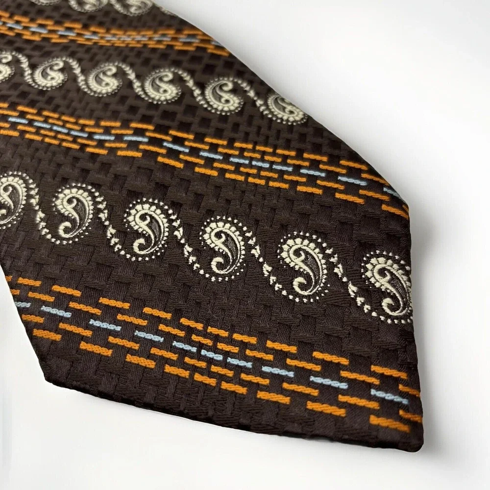 1970s Tie Brown Geometric Brocade Orange White Striped Paisley Art to Wear 4x55